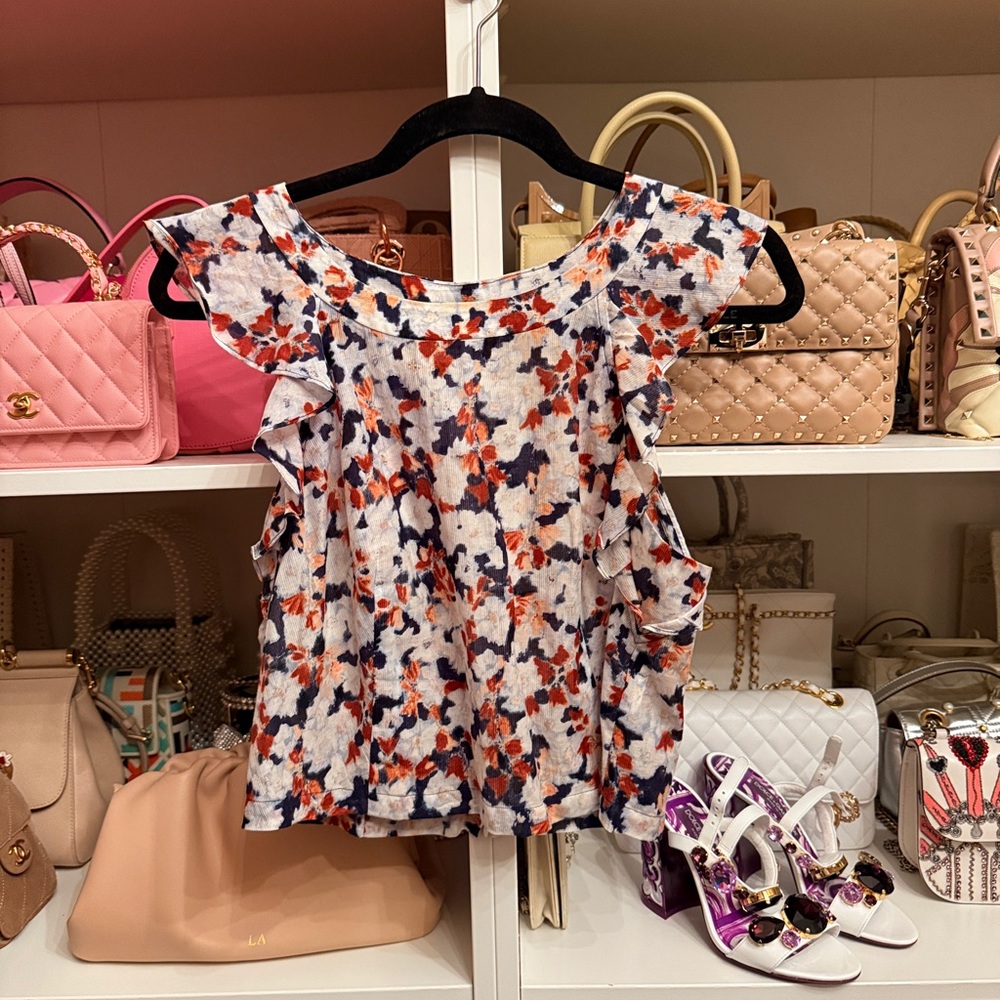 MOVING SALE Club Monaco Ruffle Sleeve Floral Top - White, Navy & Orange